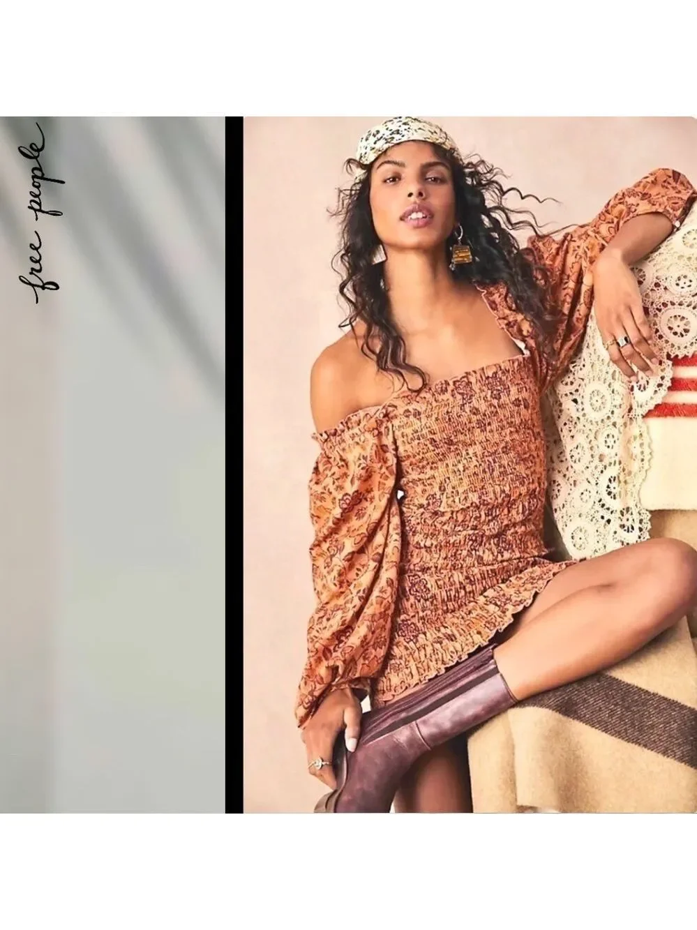 FREE PEOPLE Smock it to Me Puff-Sleeve On/Off Shoulder Smocked MiniDress/Lg NWT